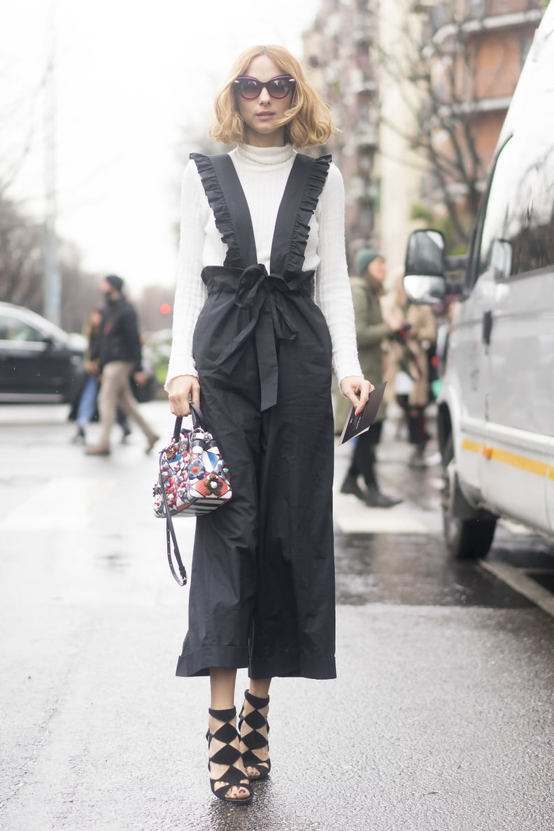 A Cream Turtleneck, a Ruffled Jumpsuit, and Caged Heels