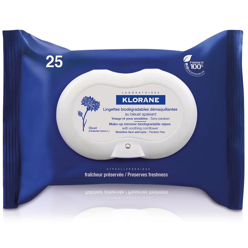 Klorane Make-Up Remover Biodegradable Wipes with Soothing Cornflower