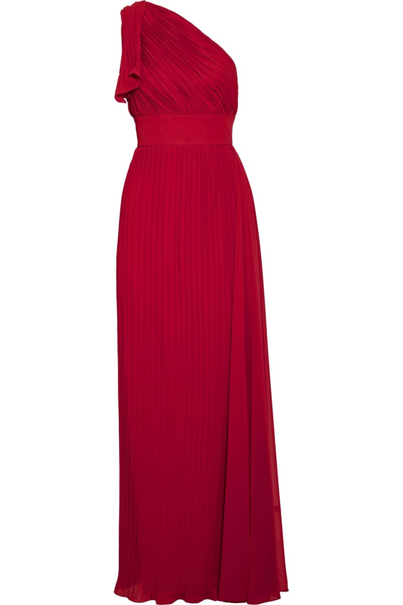 Mikael Aghal One-Shoulder Ruffled Plissé-Chiffon Gown