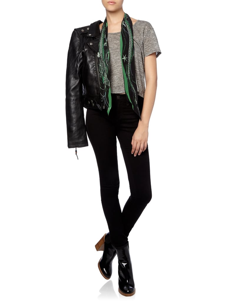 I’m hopping aboard the skinny scarf bandwagon. Since I already invested in a thin black velvet style, I’ll use this Rockins dragon pattern style ($145) to contrast prints in my wardrobe.
— SW, assistant editor