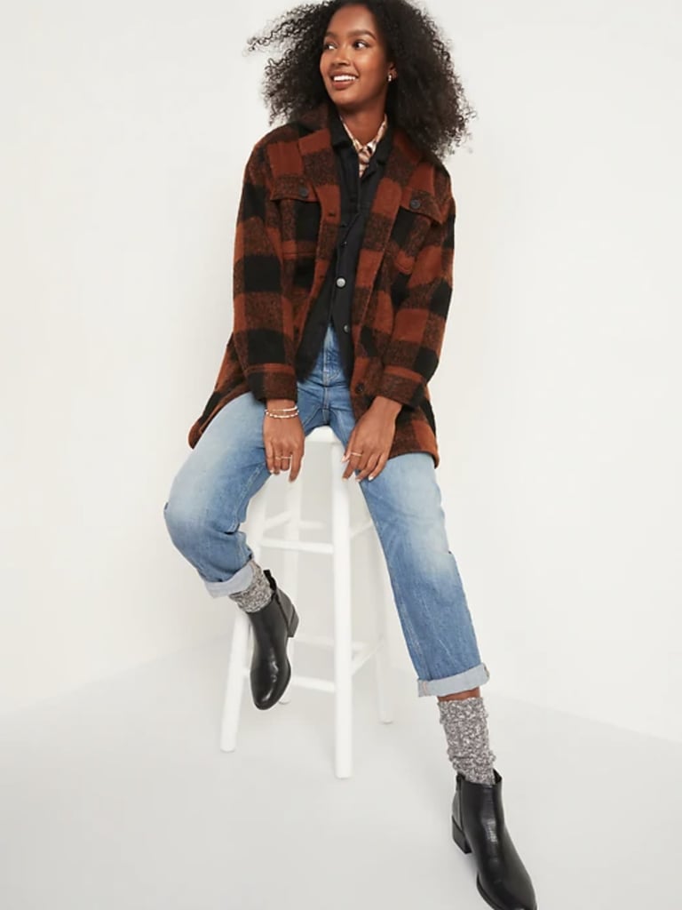 Oversized Soft-Brushed Plaid Long Shirt Jacket for Women