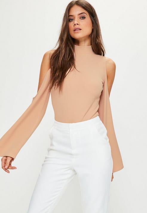 Missguided Nude Cold Shoulder Split Sleeve Bodysuit