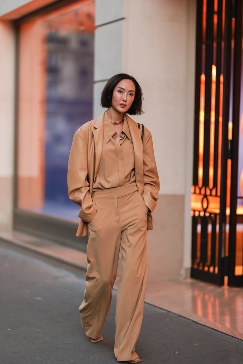 Create a Cool Visual Effect in a Tan Leather Blazer Worn Over a Matching Pantsuit