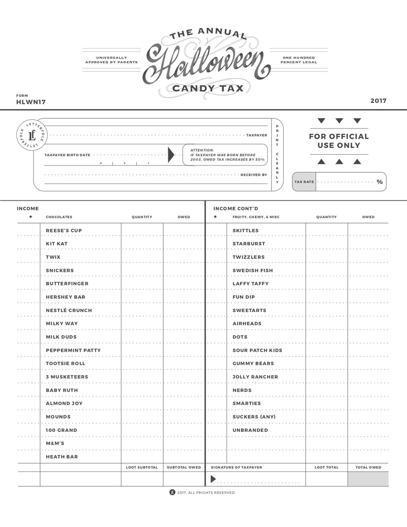 Black and White Halloween Candy Tax Printable