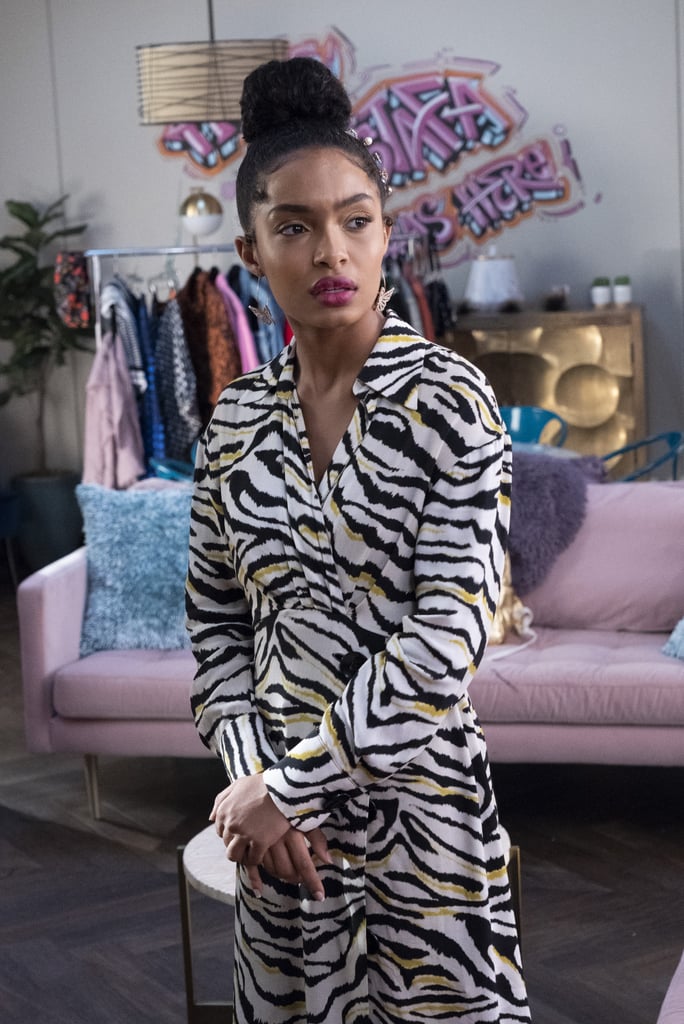 Above: Zoey wears a zebra print Zara dress in "Grown-ish" season two.