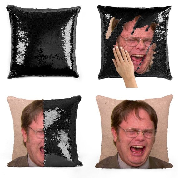 Dwight Schrute Laughing Sequin Pillow in Black