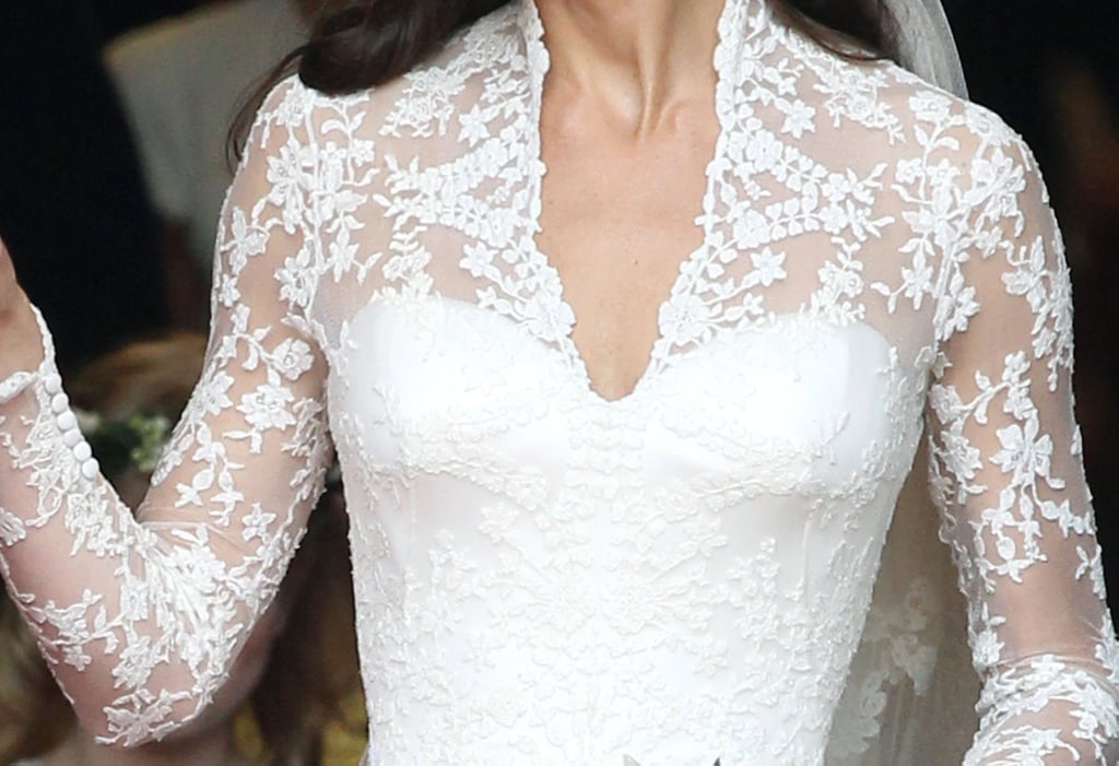 A purported team of 60 worked on the hand-embroidered lace on Kate's dress.