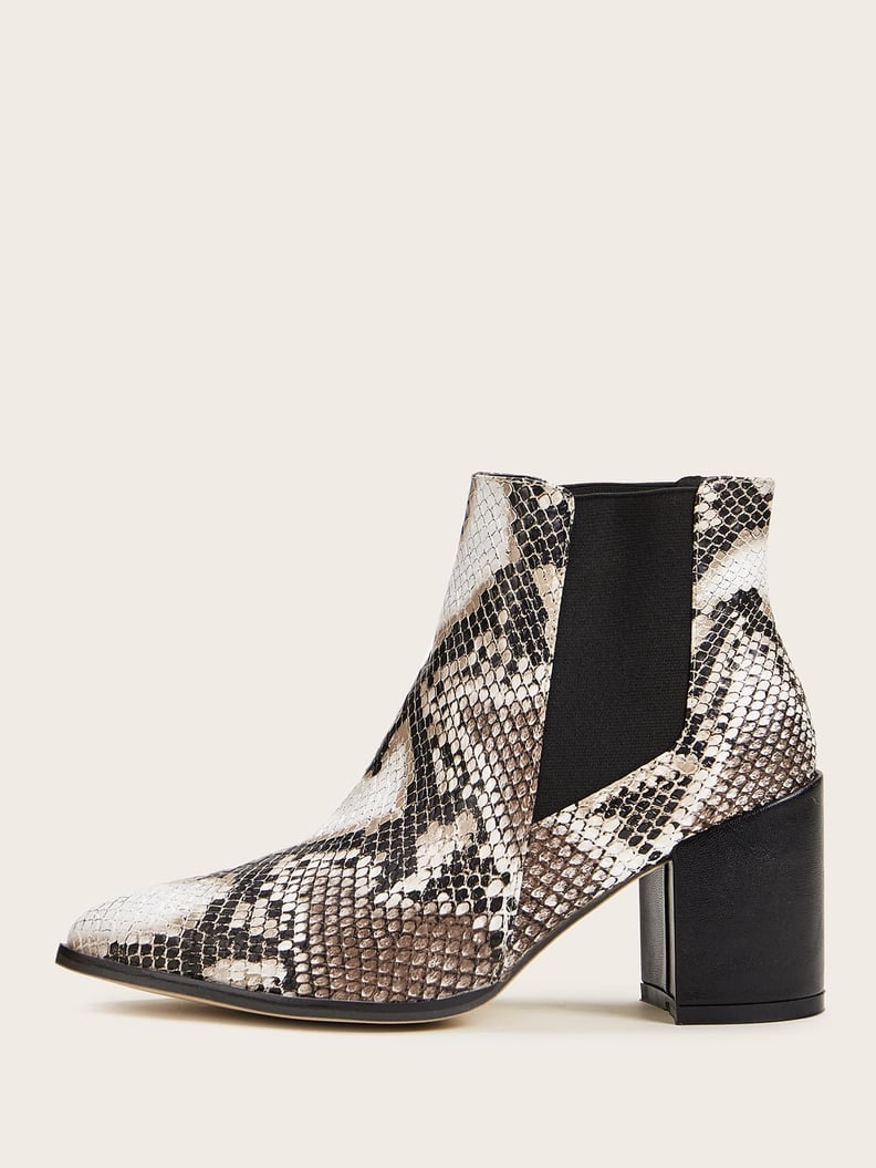 Shein Snake Print Side Goring Block Heel Boots