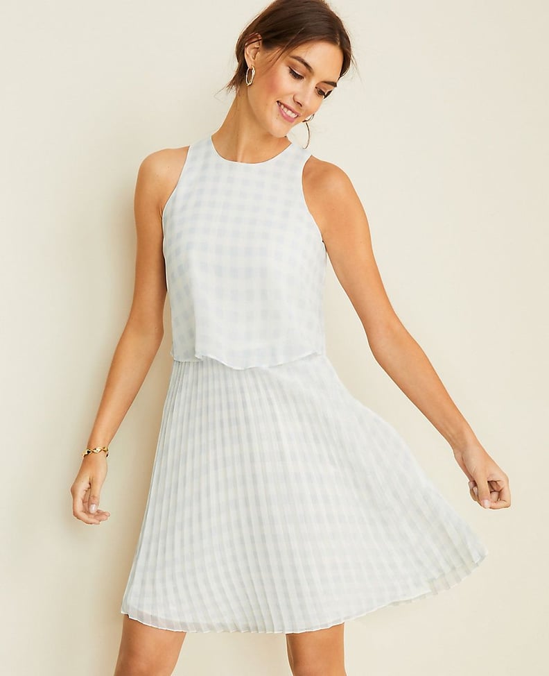 Ann Taylor Petite Gingham Overlay Pleated Flare Dress