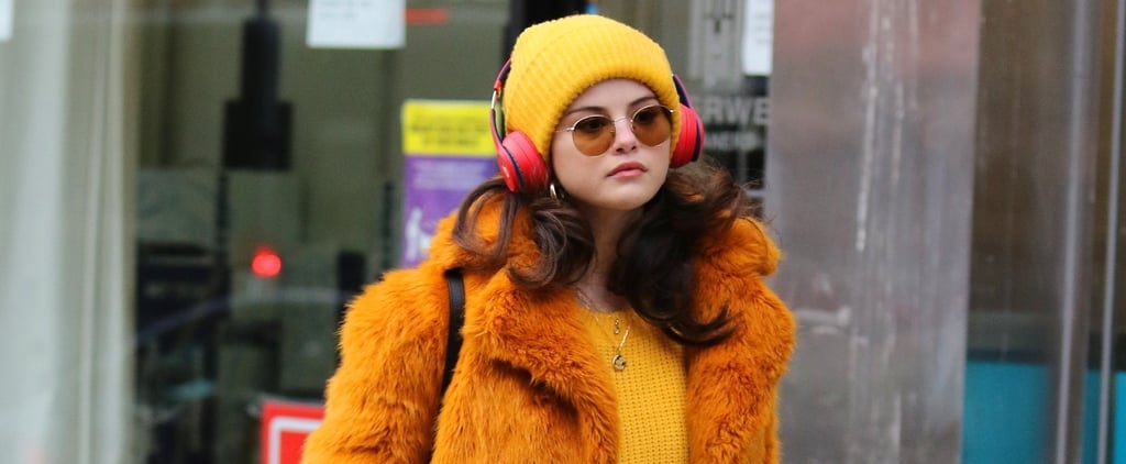 Shop Selena Gomez's Fuzzy Orange Cropped Coat