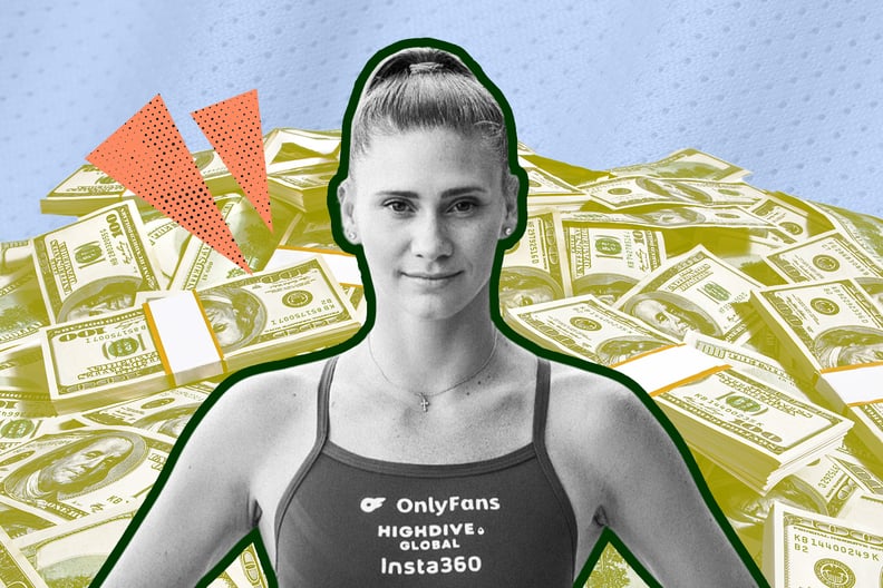Ellie Smart standing behind a graphically designed pile of money.