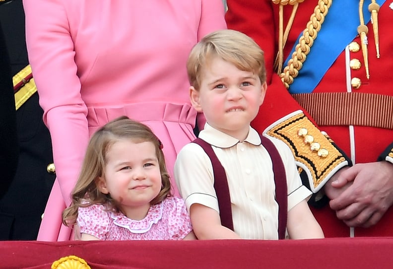 LONDON, ENGLAND - JUNE 17:  Princess Charlotte of Cambridge and Prince George of Cambridge look on from the balcony during the annual Trooping The Colour parade at the Mall on June 17, 2017 in London, England.  (Photo by Karwai Tang/WireImage)