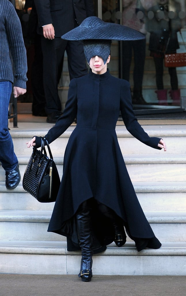 Lady Gaga in Sculptural Black Hat in London in 2013 Lady Gaga in Sculptural Black Hat in London in 2013