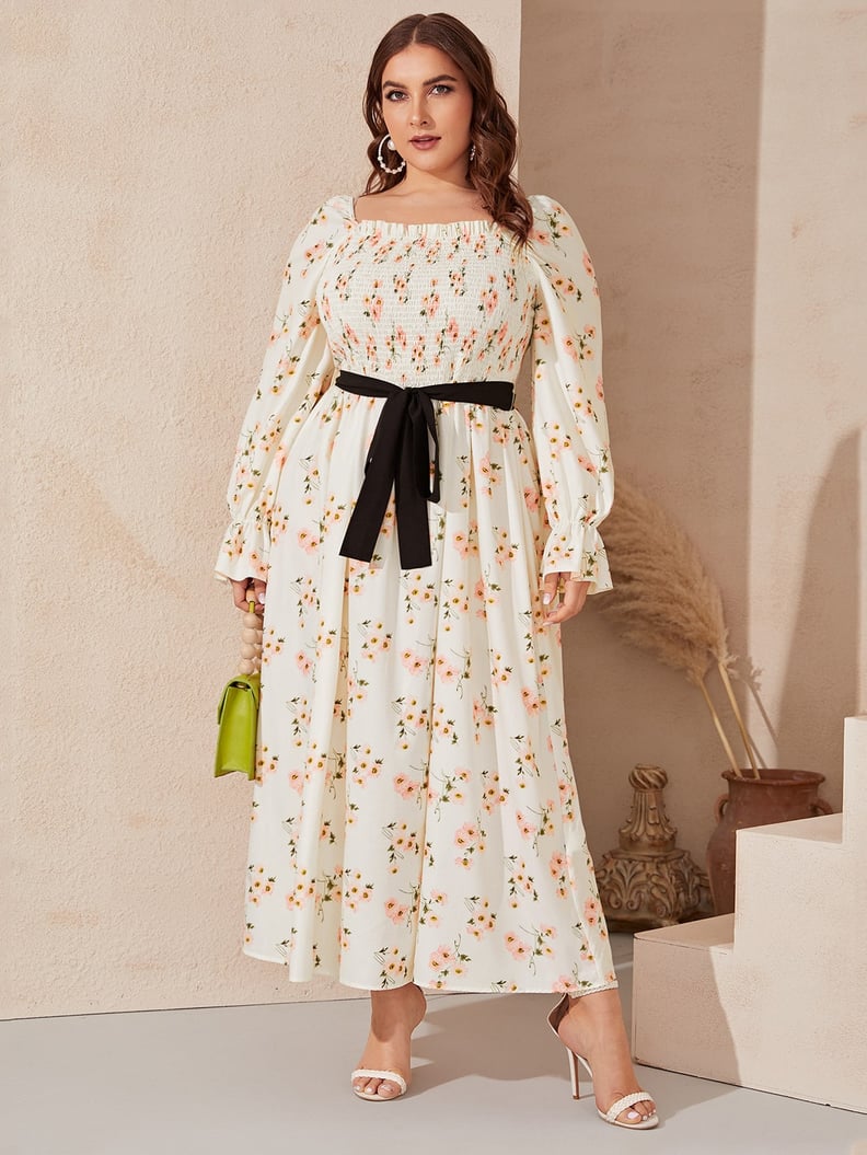 Shein Shirred Bodice Frill Trim Self Belted Floral Maxi Dress