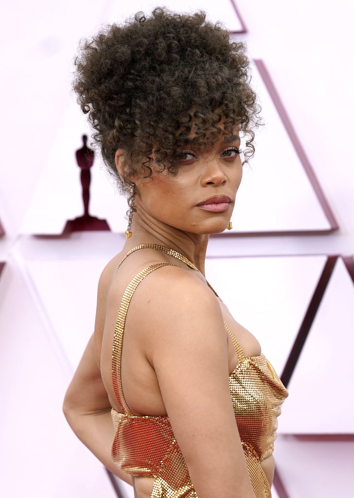Andra Day's Curly Updo and Peach Makeup