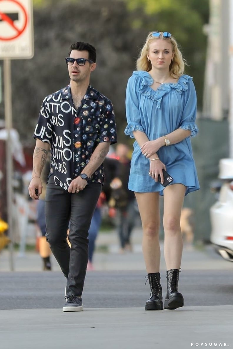 Sophie Turner Wearing a Blue Dress and Combat Boots With Joe Jonas