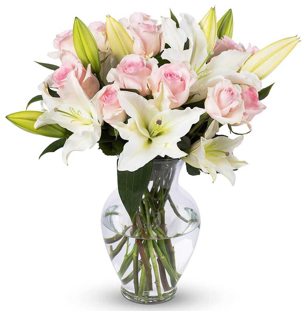 Benchmark Bouquets Light Pink Roses and White Oriental Lilies, With Vase