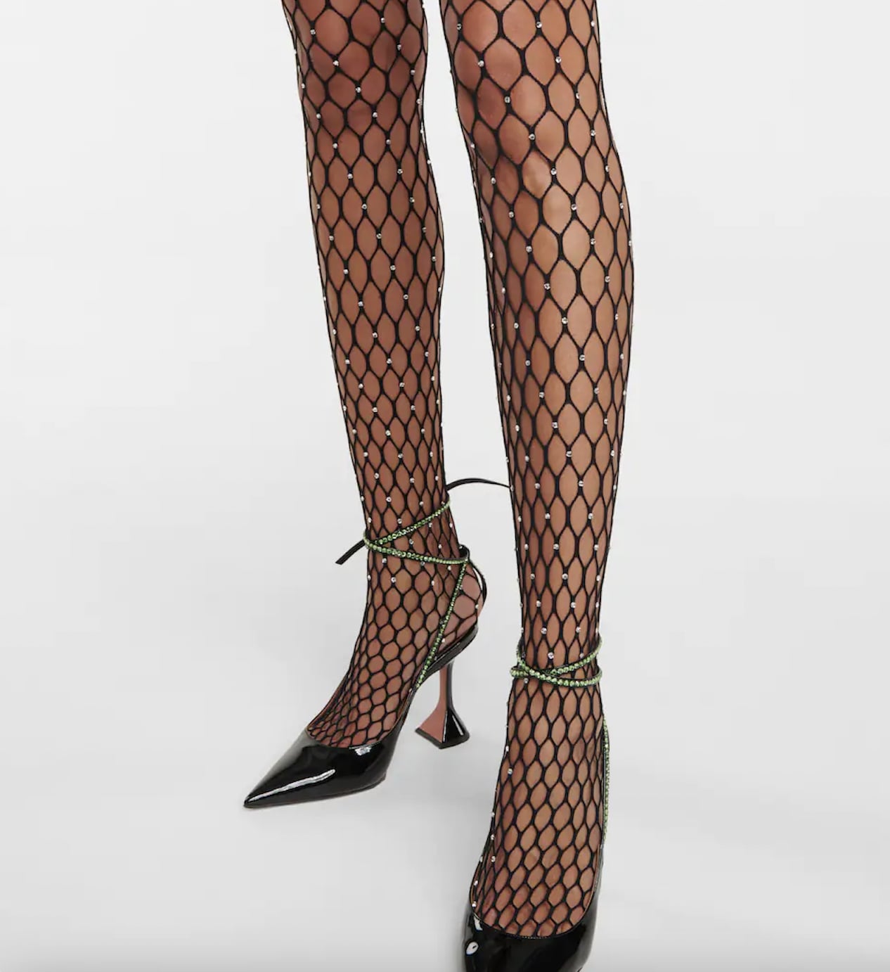 Amina Muaddi and Wolford Launch Legwear Collaboration Featuring Crystal  Fishnets, Thong Tights & More