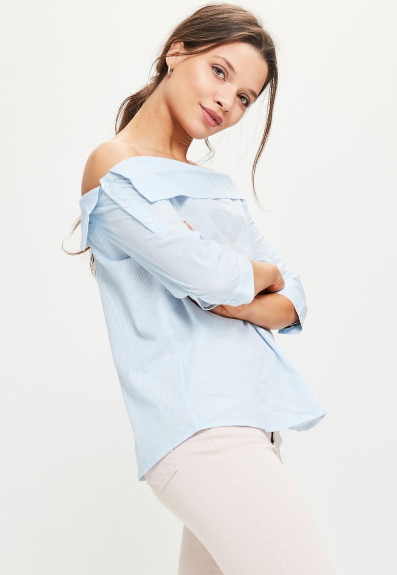 3050065 Blue Striped Embroidered Bardot Blouse