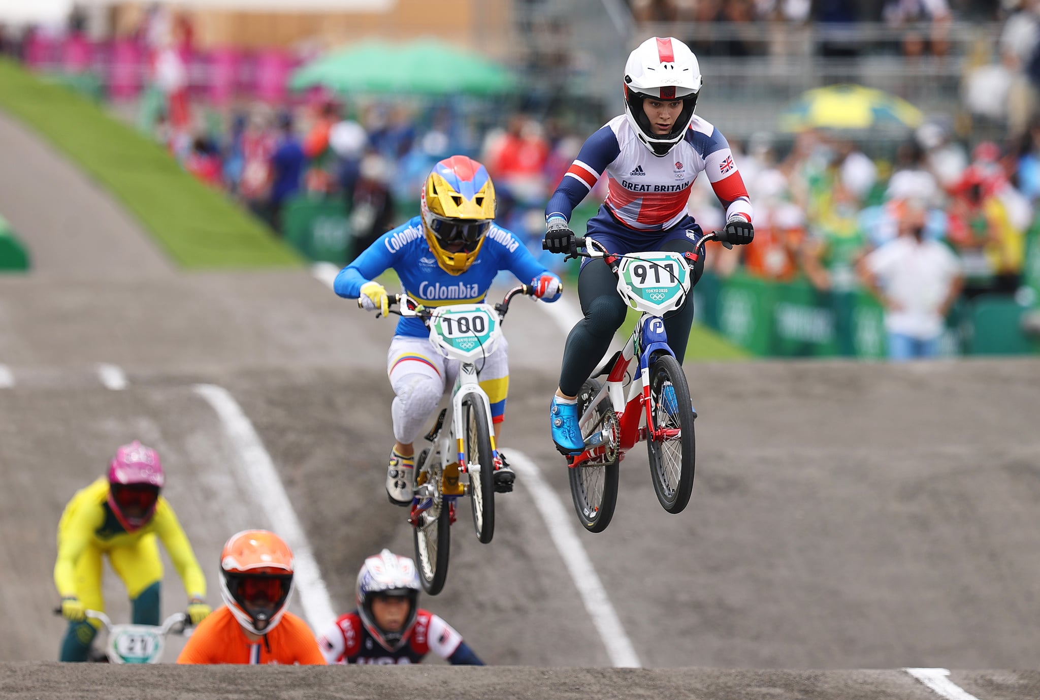 TOKYO, JAPAN - JULY 30: (L-R) Mariana Pajon of Team Colombia and Bethany Shriever of Team Great Britain as they jump during the Women's BMX final on day seven of the Tokyo 2020 Olympic Games at Ariake Urban Sports Park on July 30, 2021 in Tokyo, Japan. (Photo by Francois Nel/Getty Images)