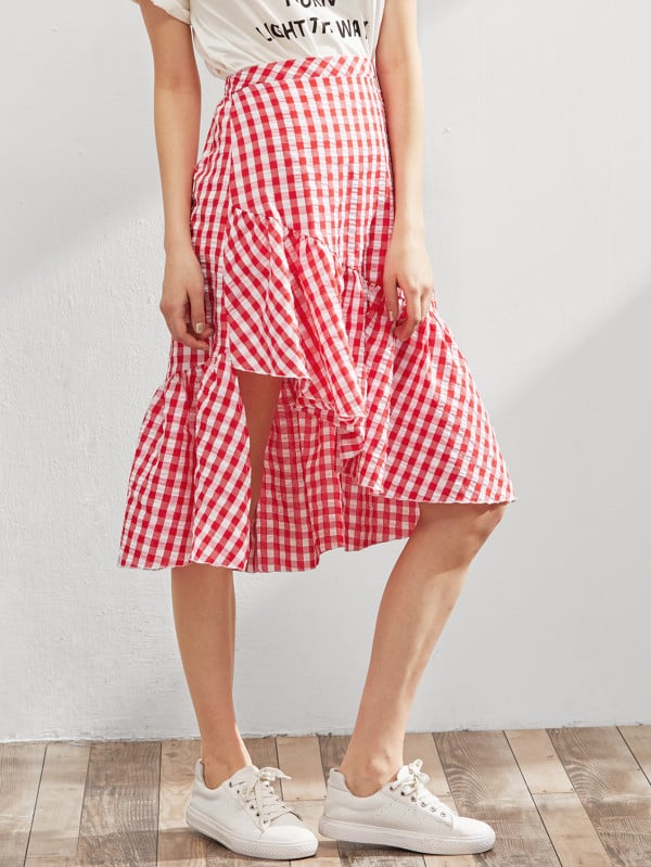 SheIn Gingham Asymmetric Frill Skirt