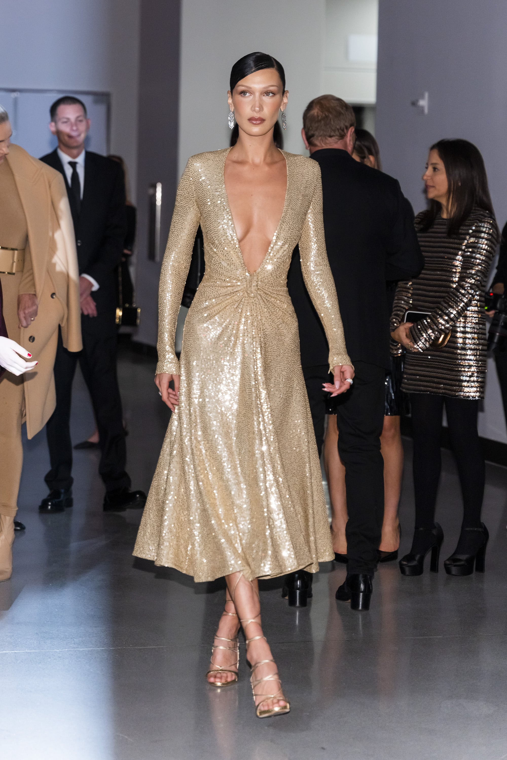 Bella Hadid's Plunging Gold Sequin Michael Kors Dress POPSUGAR Fashion |  