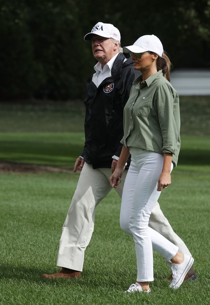 During a visit to Florida in Sept. 2017, Melania debuted a pair of white Converse. She coordinated in a white cap and jeans, and once again, paired a simple button-down with the outfit.