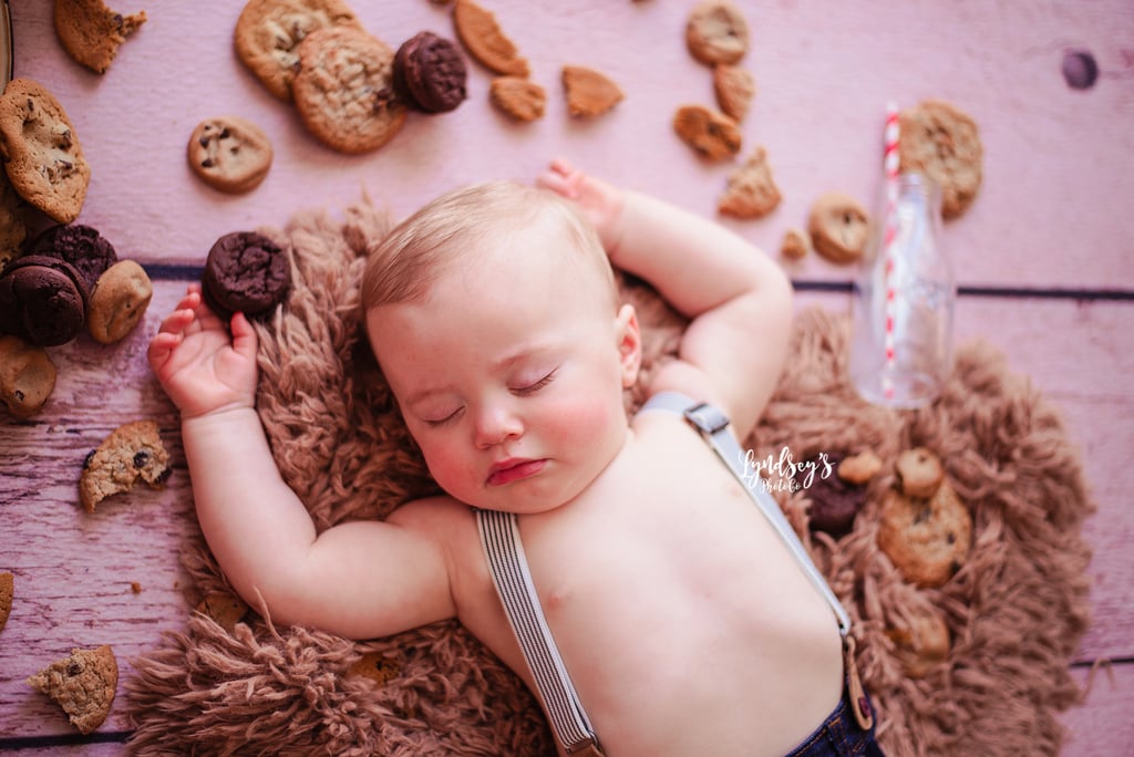 Photos of Baby Asleep During Milk and Cookies Birthday Shoot