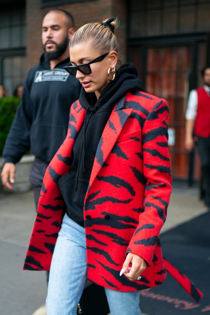 Hailey Baldwin Red Animal Print Blazer and Black Hoodie