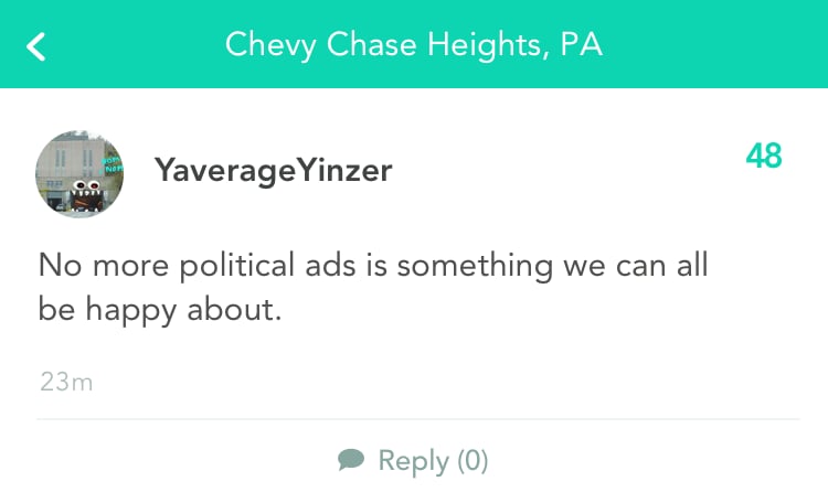 Absolutely grateful to not see political ads anymore.