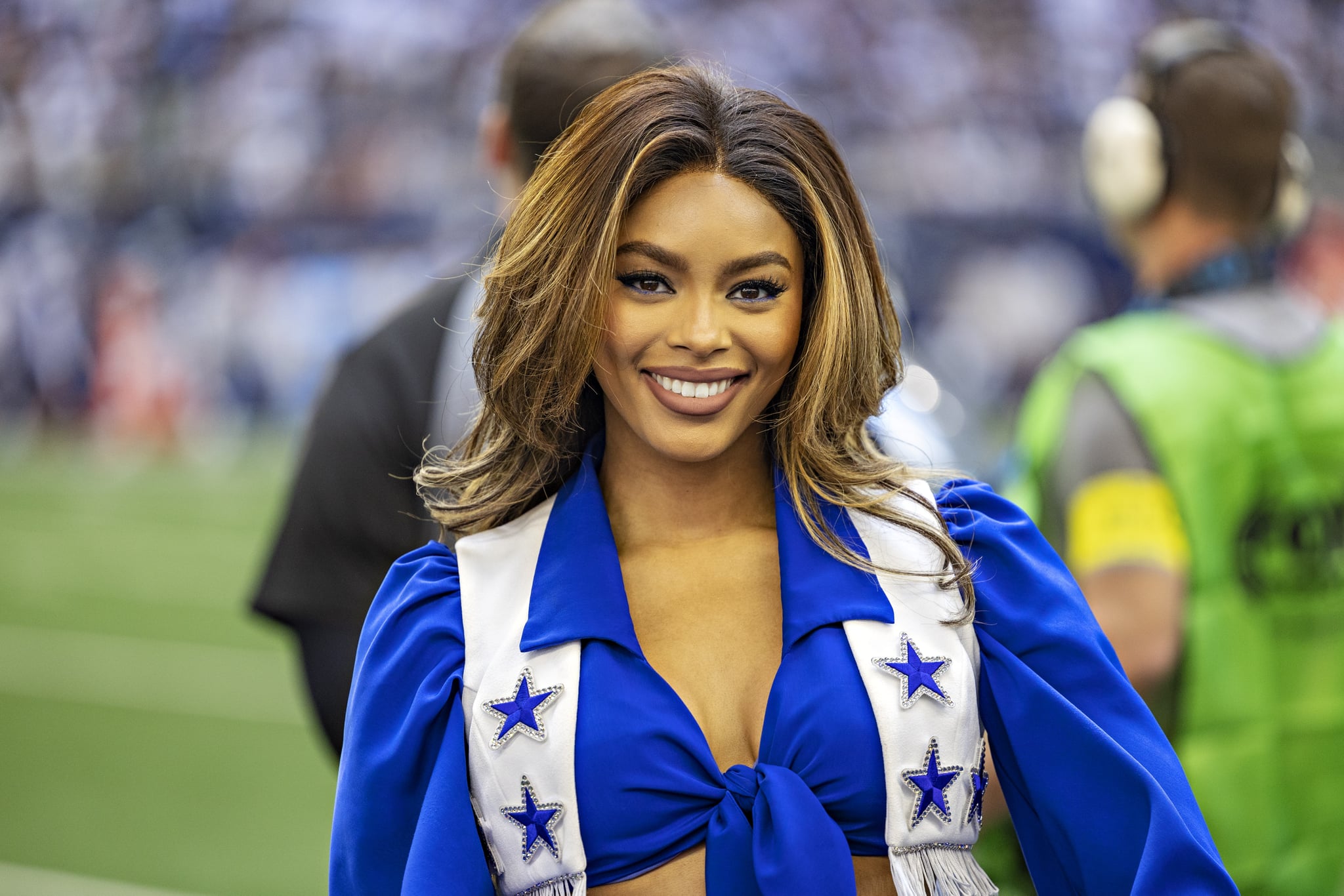ARLINGTON, TEXAS - OCTOBER 30: Dallas Cowboy cheerleaders perform during a game against the Chicago Bears at AT&T Stadium on October 30, 2022 in Arlington, Texas. The Cowboys defeated the Bears 49-29. (Photo by Wesley Hitt/Getty Images)