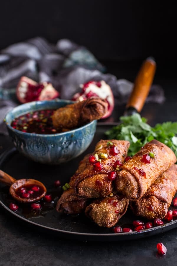 Chinese Chicken and Brussels Sprout Egg Rolls With Sweet Chile Pomegranate Sauce