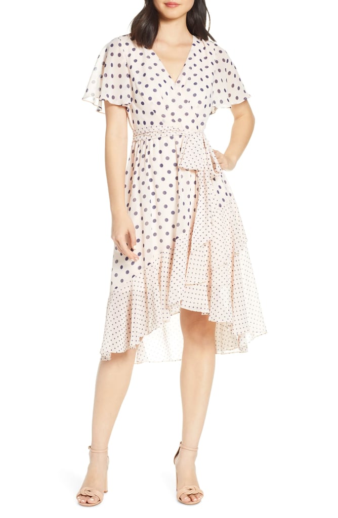 Eliza J Polka Dot Chiffon Faux Wrap Dress