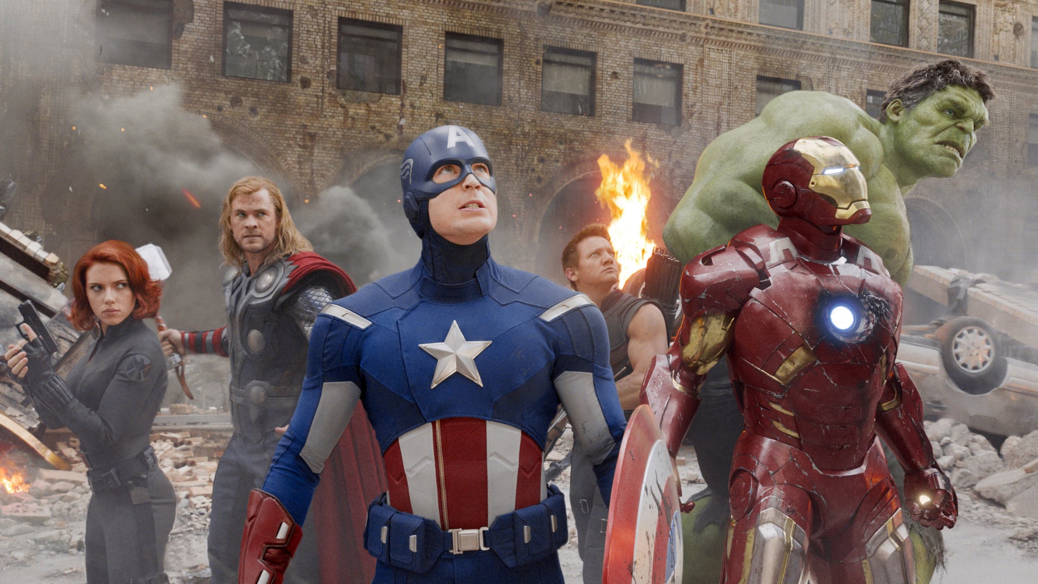 THE AVENGERS, from left: Scarlett Johansson as Black Widow, Chris Hemsworth as Thor, Chris Evans as Captain America, Jeremy Renner as Hawkeye, Robert Downey Jr as Iron Man, Mark Ruffalo as The Hulk, 2012. Walt Disney Studios Motion Pictures/courtesy Everett Collection