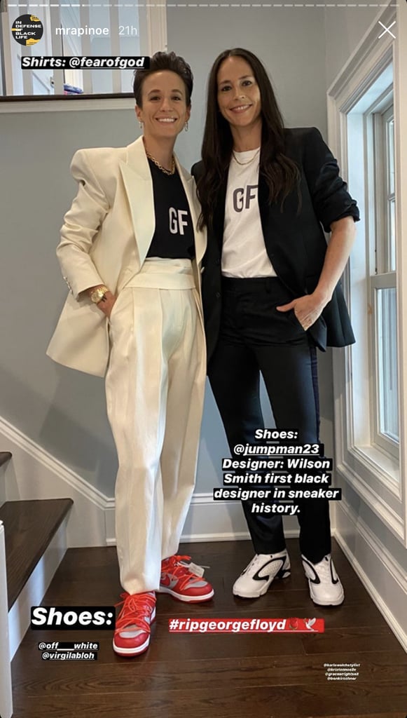 Megan and Sue wore chic jacket-and-trouser combos paired with Fear of God T-shirts to honour George Floyd. Megan also wore Off-White sneakers, while Sue wore Jordans designed by Wilson Smith, the first Black designer in sneaker history.