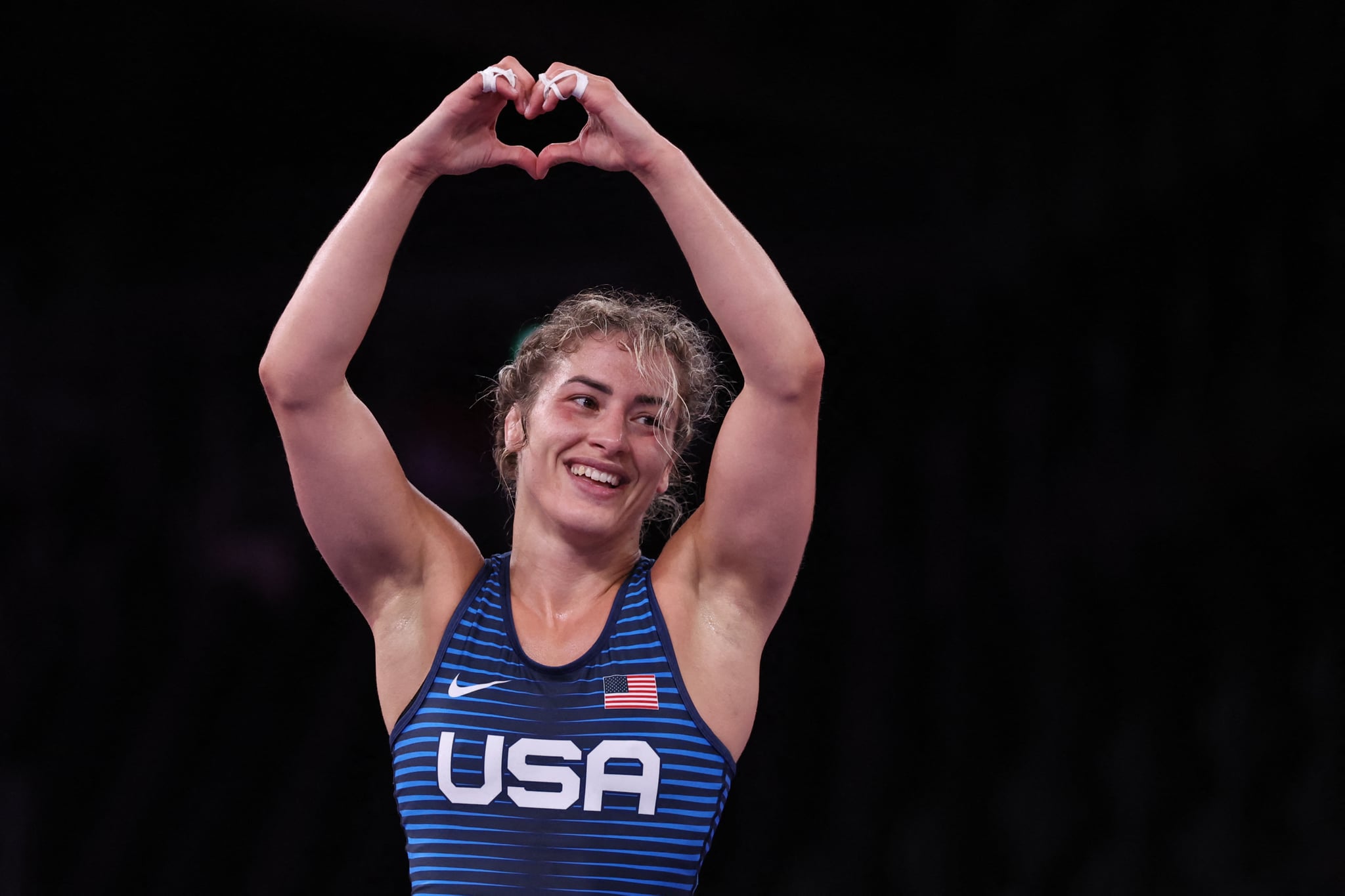 USA's Helen Louise Maroulis reacts after defeating Mongolia's Khongorzul Boldsaikhan in their women's freestyle 57kg wrestling bronze medal match during the Tokyo 2020 Olympic Games at the Makuhari Messe in Tokyo on August 5, 2021. (Photo by Jack GUEZ / AFP) (Photo by JACK GUEZ/AFP via Getty Images)