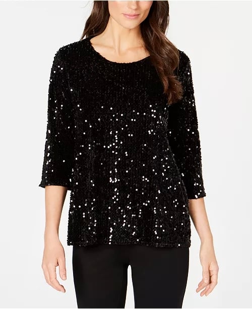 Macy's Alfani Petite Sequin Swing Top | Angelina Jolie Wears Sparkly ...