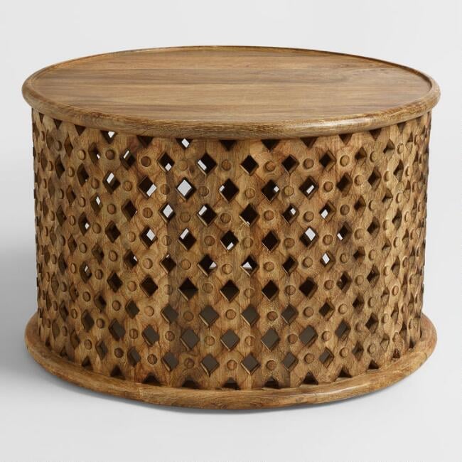 Round Tribal Carved Wood Coffee Table Elevate Your Small