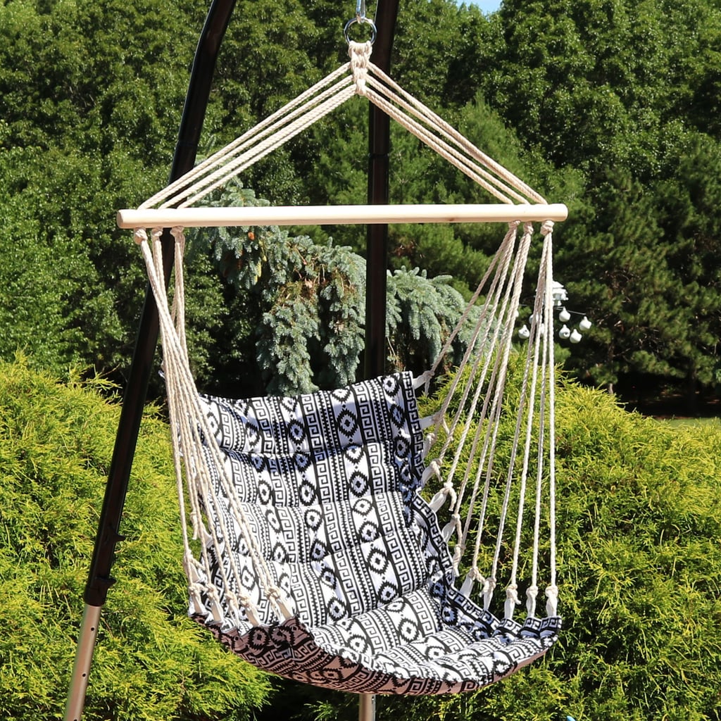 A Contemporary Hanging Chair: Sunnydaze Outdoor Polycotton Fabric Padded Hanging Hammock Chair
