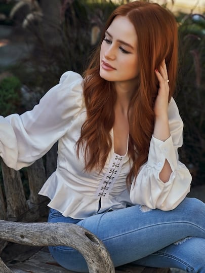 Shein x Madelaine Hook and Eye Front Lantern Sleeve Peplum Blouse