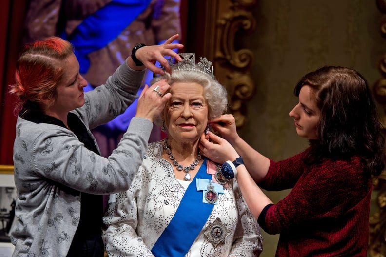 LONDON, ENGLAND - SEPTEMBER 07:  Madame Tussauds refreshes its Queen Elizabeth II wax figure with a recreation of the longest reigning monarch's diamond jubilee dress at Madame Tussauds on September 7, 2015 in London, England. The wax figure was updated a