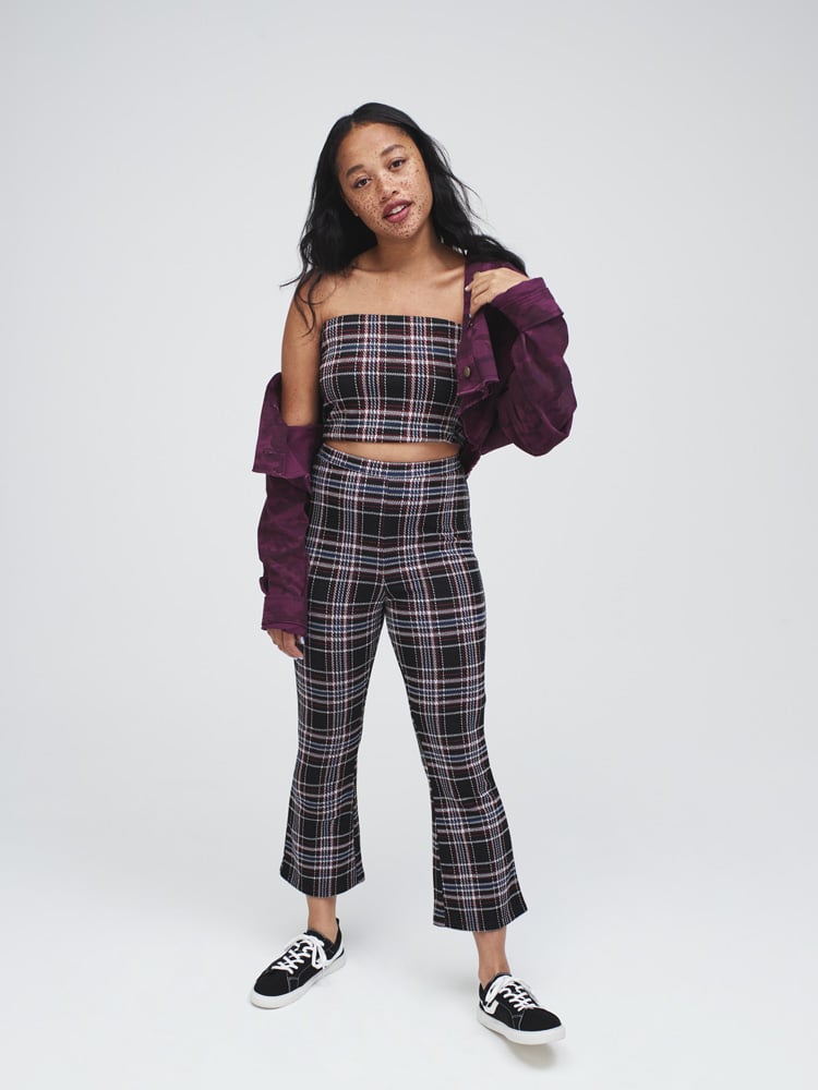 Plaid Knit Cropped Tube Top and Kick Flare Cropped Pants