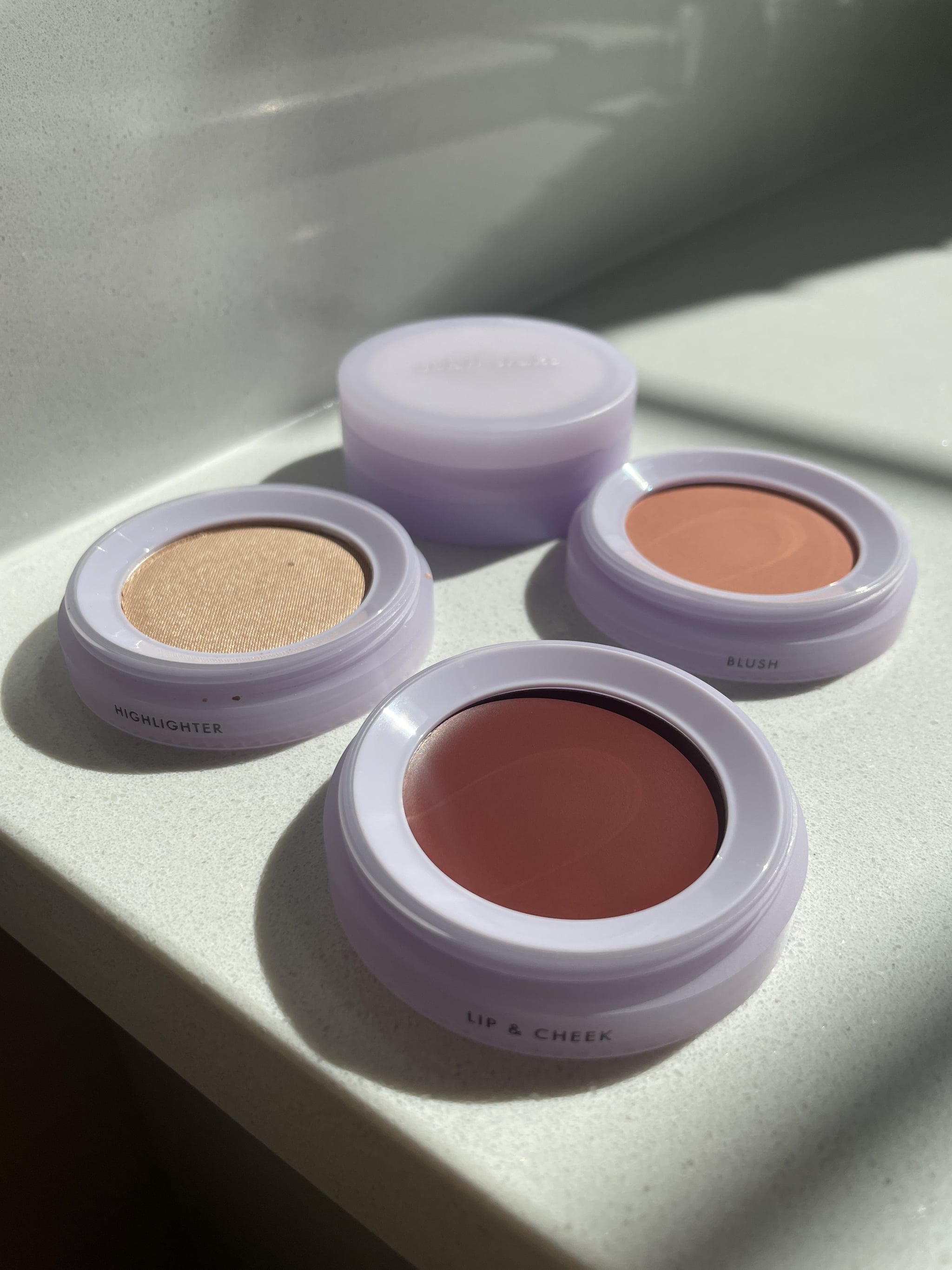 Subtl Stak Peachy-Pink Blush, Gold Highlight, and Rosy-Brown Cheek and Lip Duo Flat Lay