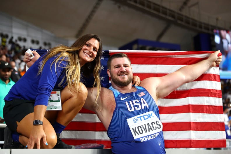 DOHA, QATAR - OCTOBER 05:  Joe Kovacs, gold, of the United States celebrates his championship record in the Men's Shot Put final with his wife Ashleigh Kovacs during day nine of 17th IAAF World Athletics Championships Doha 2019 at Khalifa International St