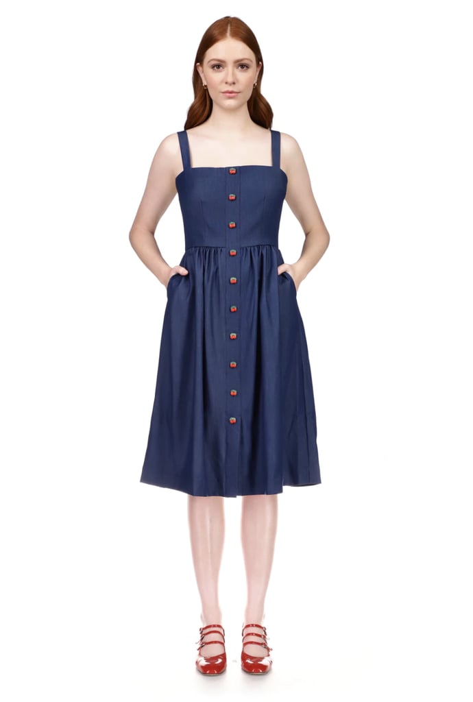 HVN Laura Cotton Dress (Denim With Cherry Buttons)