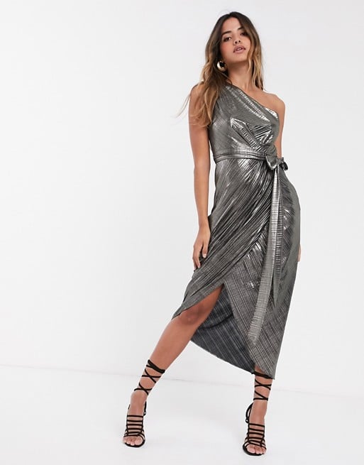 Ted Baker Gabria one shoulder drape midi dress in metallic