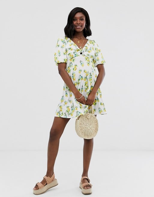 ASOS Design Maternity Mini Textured Tea Dress With Knot Front in Lemon Print