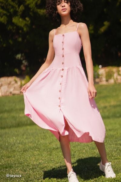 pink button midi dress