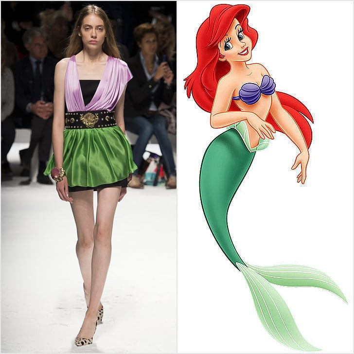 At Fausto Puglisi, looks were embellished with ornate shells and jewels that immediately gave off under-the-sea vibes. So when we saw a satin colorblock mini that met purple with sea green, we couldn't help but think of Ariel.