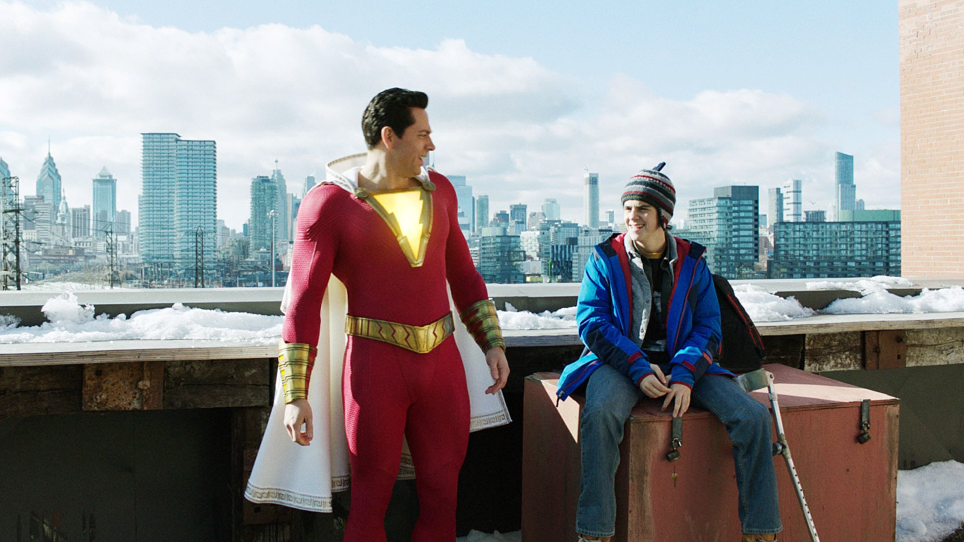 SHAZAM!, from left: Zachary Levi (as Shazam), Jack Dylan Grazer, 2019.  Warner Brothers / Courtesy Everett Collection